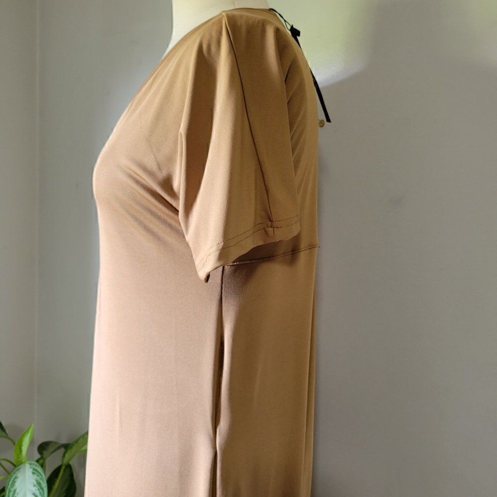 NWT HUSKARY TAN SLIT SIDE MAXI SHIRT DRESS V NECK S/M - Picture 15 of 16
